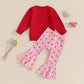 Iddolaka Toddler Baby Girls Valentines Day Outfits Long Sleeve Letter Sweatshirt Shirt Heart Flared Pants Spring Clothes (B-Prin