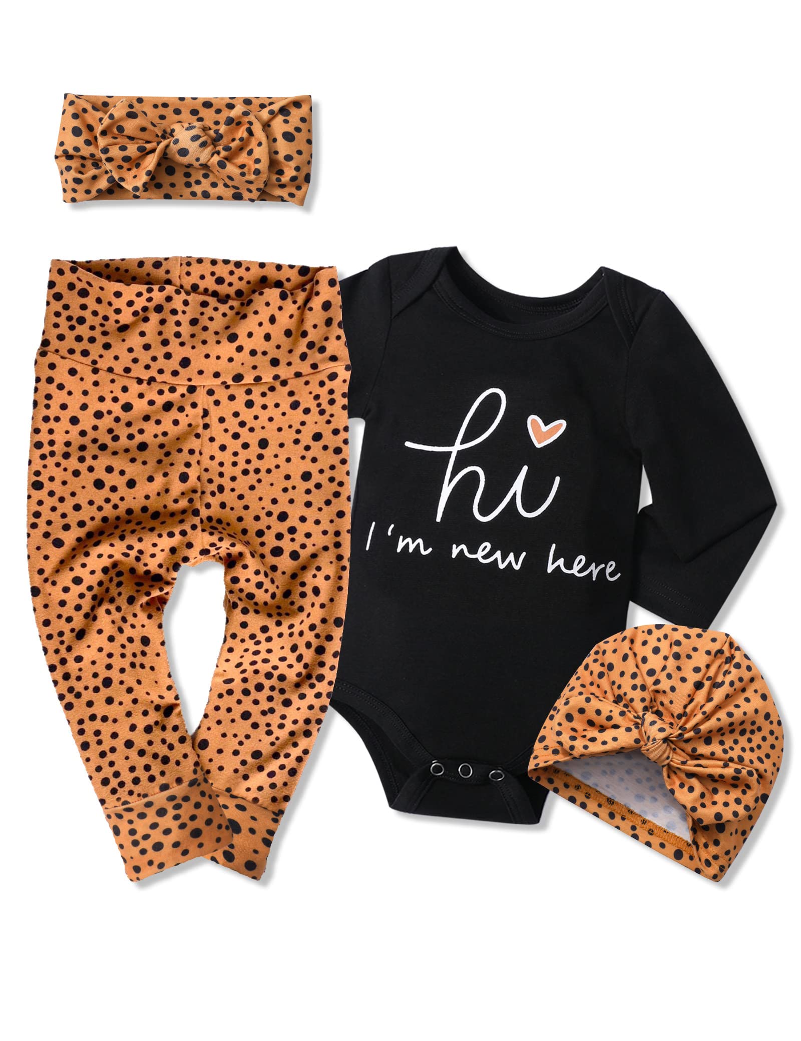 Kangkang Baby Girl Clothes Preemie Clothes Girl Hi Im New Here Long Sleeve Romper Polka Dots Pants Hat Headband 4Pcs Clothing Se