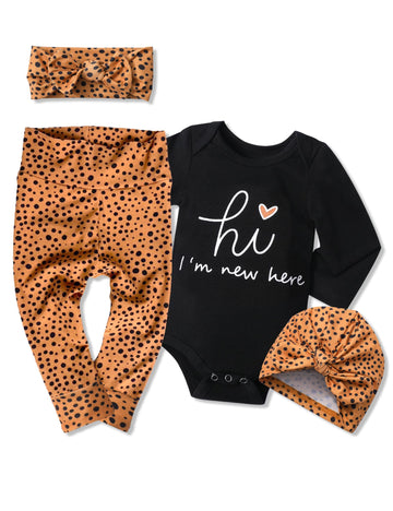 Kangkang Baby Girl Clothes Preemie Clothes Girl Hi Im New Here Long Sleeve Romper Polka Dots Pants Hat Headband 4Pcs Clothing Se