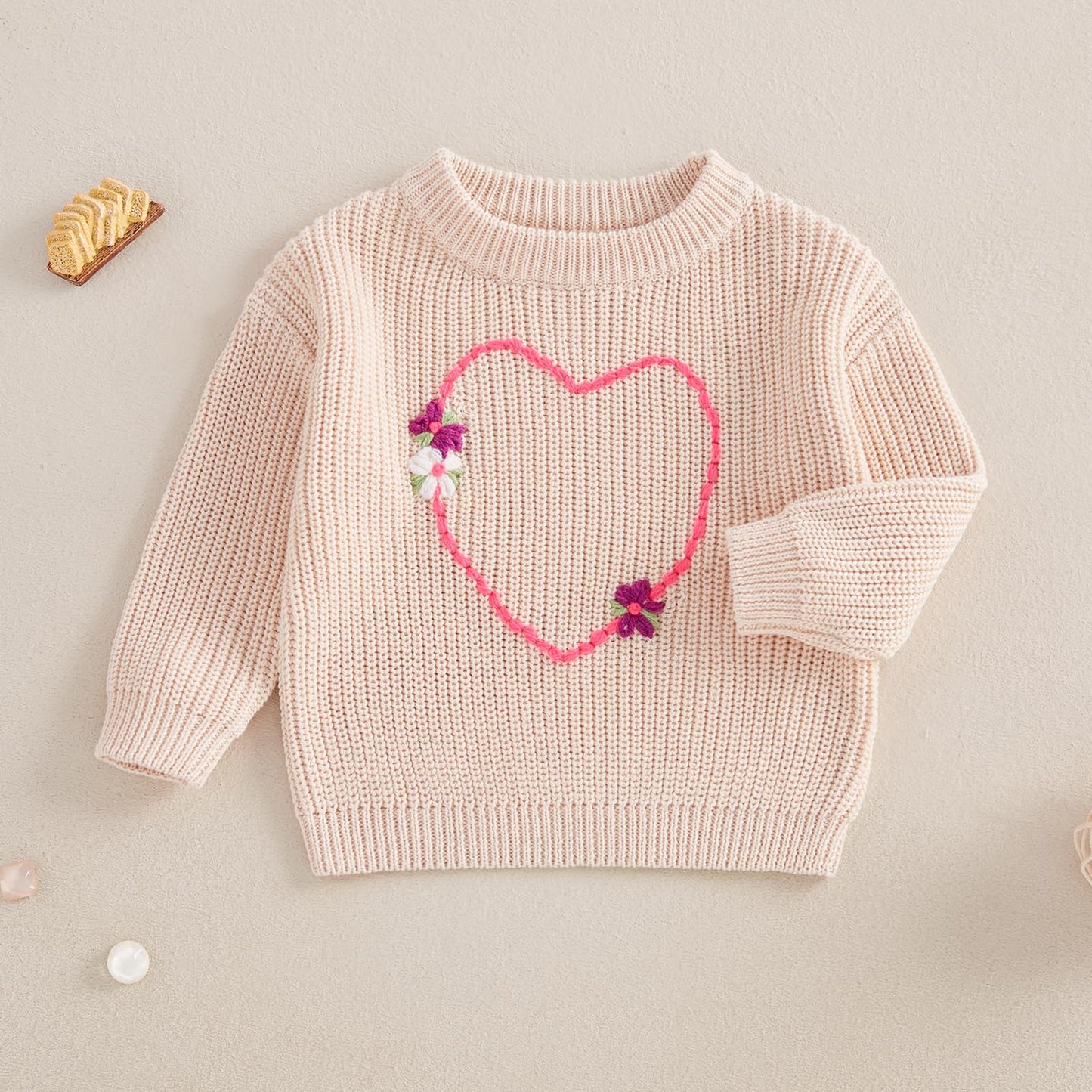 Nokpsedcb Baby Girl Cute Long Sleeve Heart Flowers Embroidery Oversized Sweater Toddler Valentine Outfit (Beige, 2-3 Years)