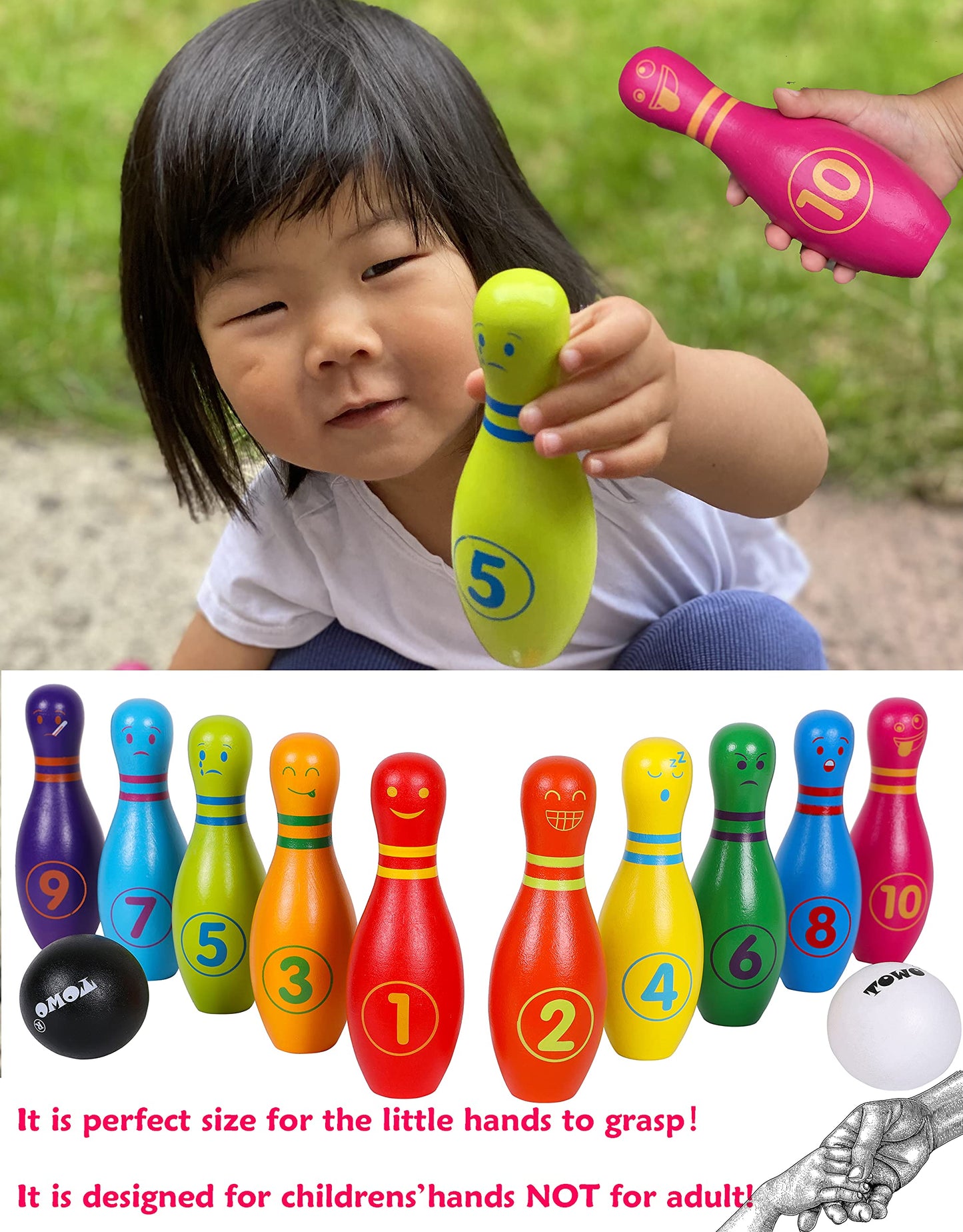 TOWO Wooden Skittles for Children - Wooden Skittle Set with Animal Faces and Numbers - 10 Pin Bowling Set for Kids Garden Toys-