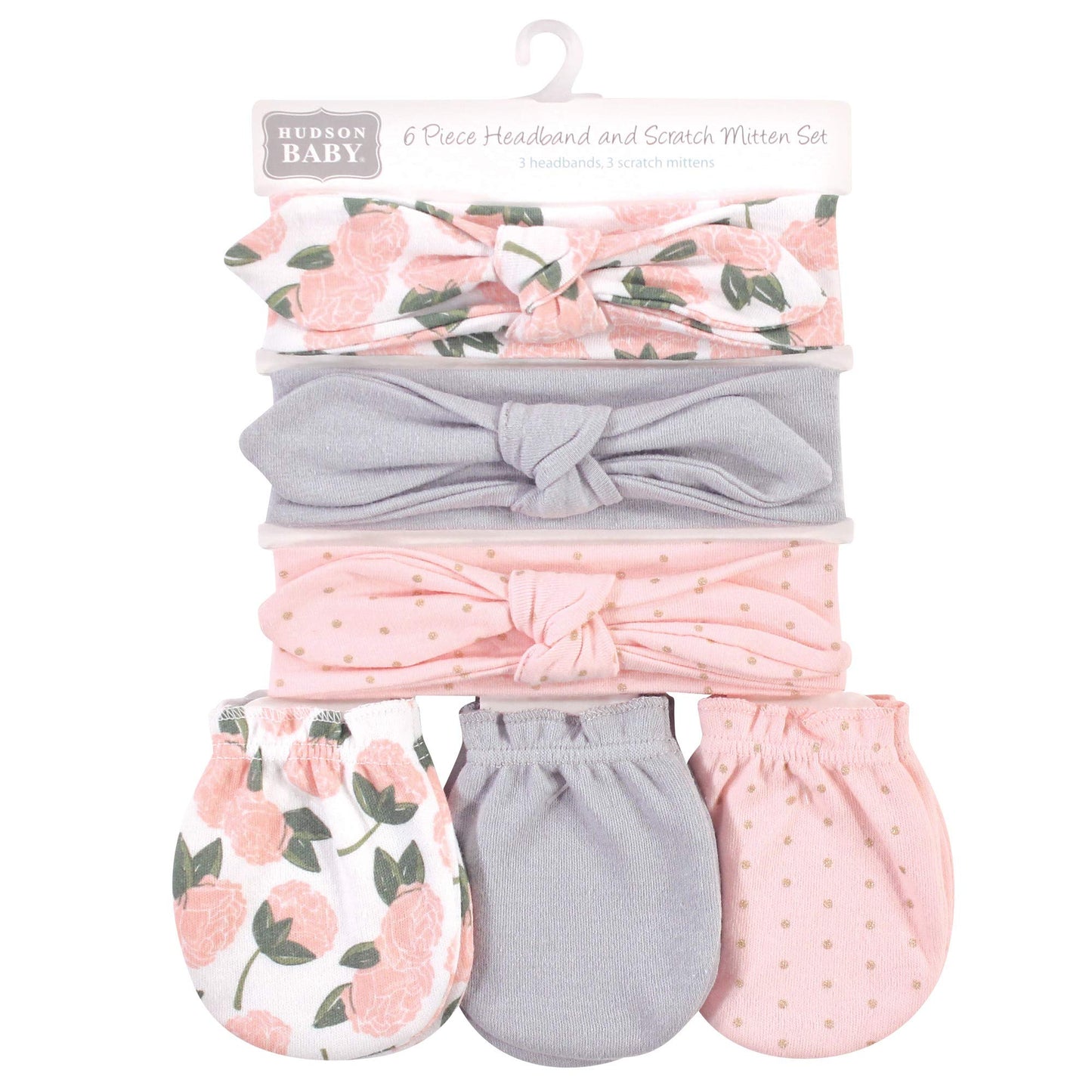 Hudson Baby Baby Girls Unisex Cotton Scratch Mitten Set Headband, Pink Peony, 0-6 Months Us