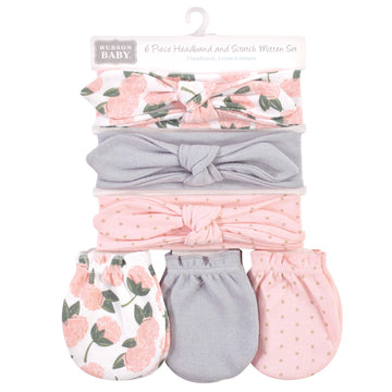 Hudson Baby Baby Girls Unisex Cotton Scratch Mitten Set Headband, Pink Peony, 0-6 Months Us