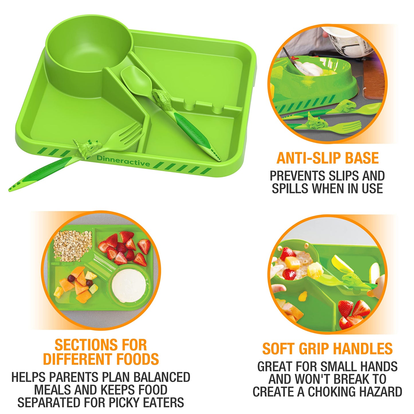 Dinneractive Dining Set For Kids - 3PC Green Dinosaur Dinnerware - Dinosaur Utensils - Toddler Plates - Baby Dishes