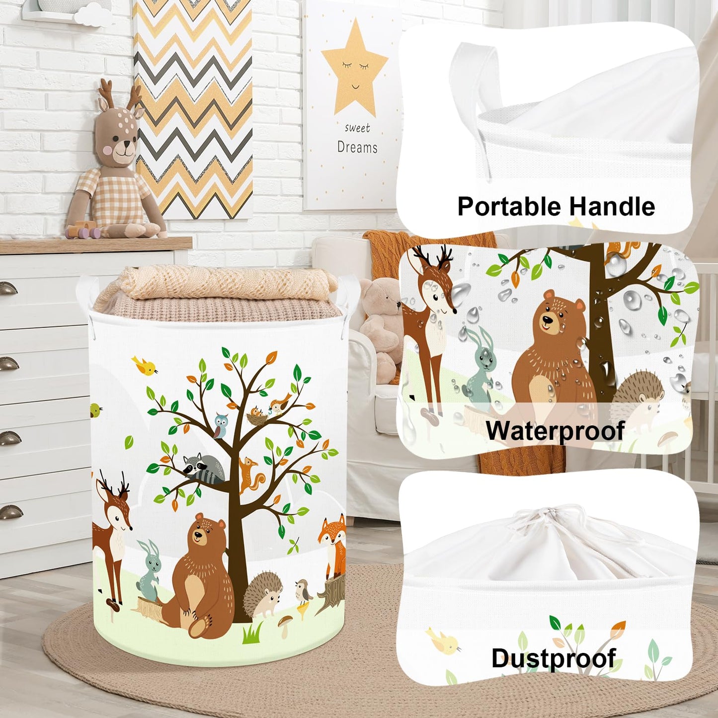 Clastyle 63L Large Woodland Animal Tree Kid Laundry Hamper With Handle For Boy Girl Collapsible Clothes Toy Storage Basket With