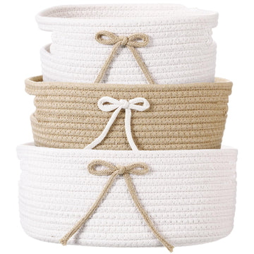 Breling 3 Pieces Coquette Bow Laundry Hamper Cotton Rope Storage Basket Bow Woven Gift Baskets Rope Bin with Handles for Decorat