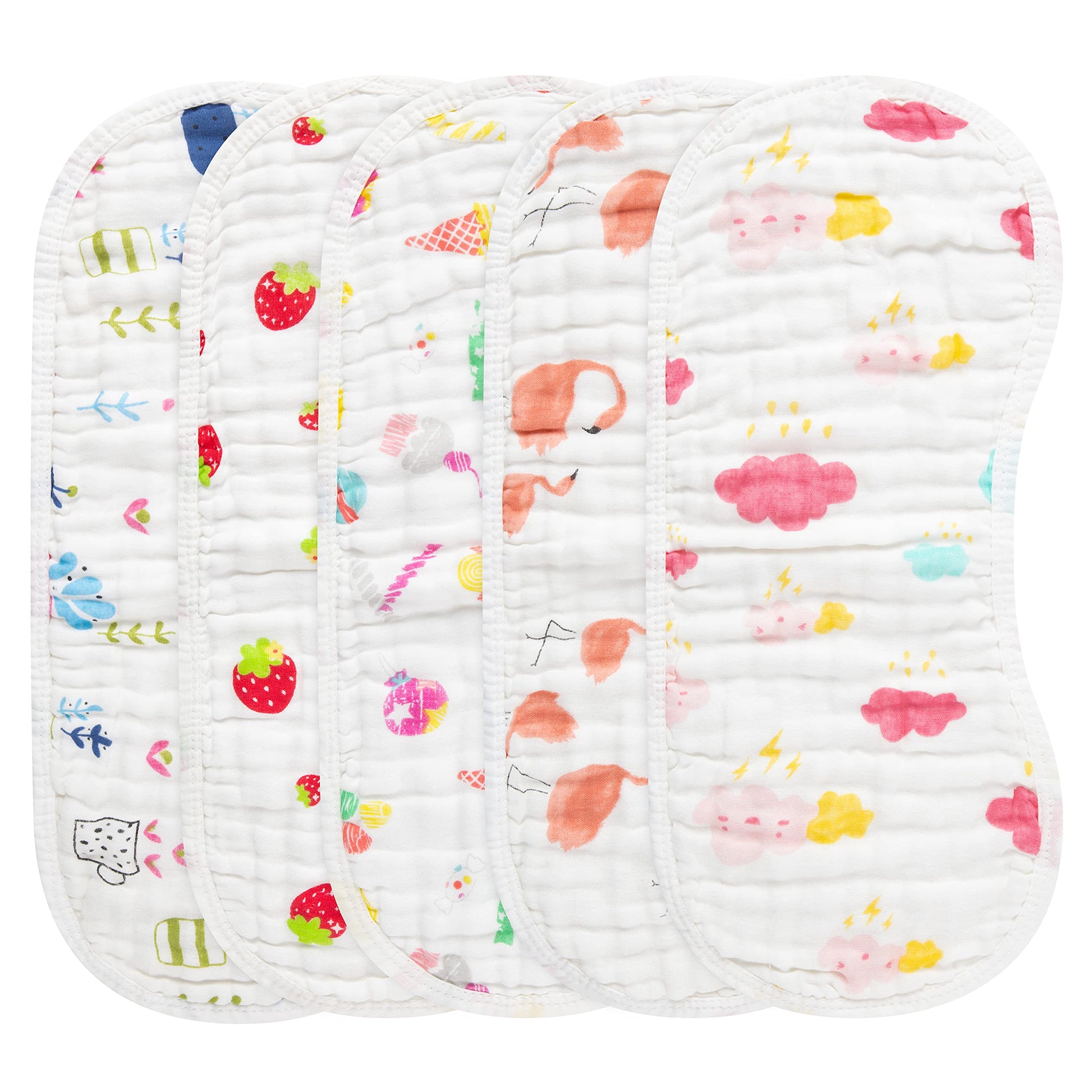 GROBRO7 5Pcs Burp Cloths Baby Bibs Muslin Burping Bid for Babies with Strawberry Flamingo Cotton Large Towels in 6 Layers Extra 