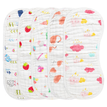 GROBRO7 5Pcs Burp Cloths Baby Bibs Muslin Burping Bid for Babies with Strawberry Flamingo Cotton Large Towels in 6 Layers Extra 