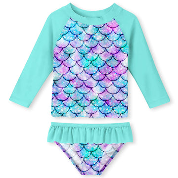 Girls Swimsuit Rash Guard Two Pieces Swimwear 7-8T Fashion Mermaid Print Breathable Bathing Suit 7-8T