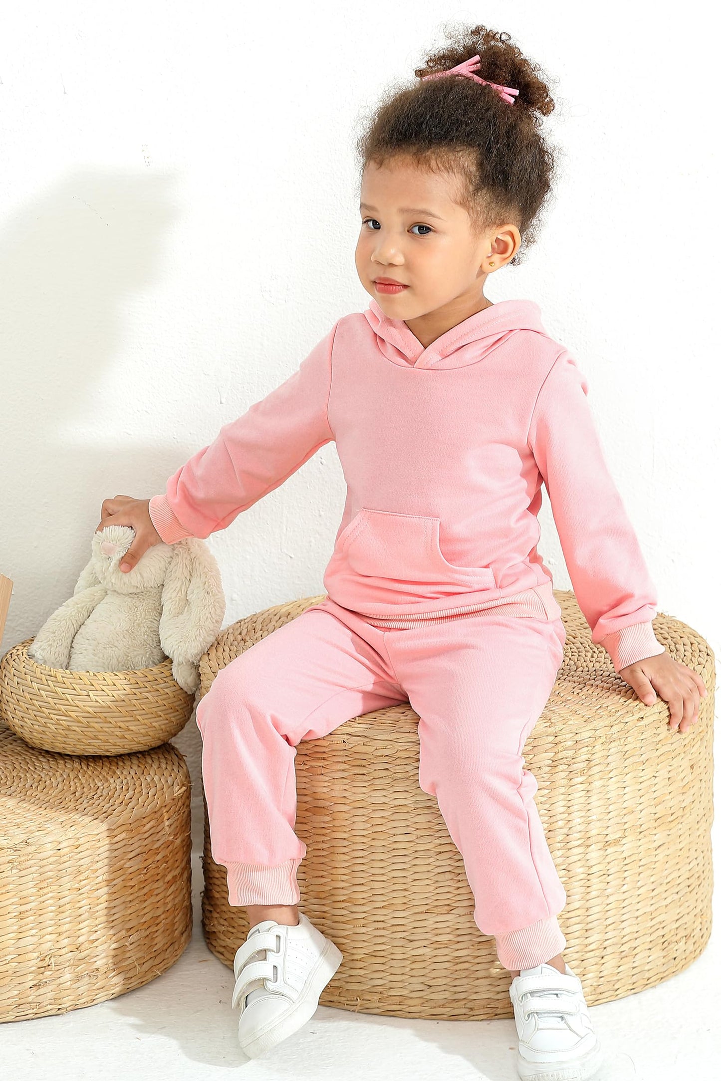 Happy Town Toddler Fall Outfits For Girl Boy Long Sleeve Hoodie Top And Long Sweatpants Set Toddler Sweatsuit (Solid Color-Pink,