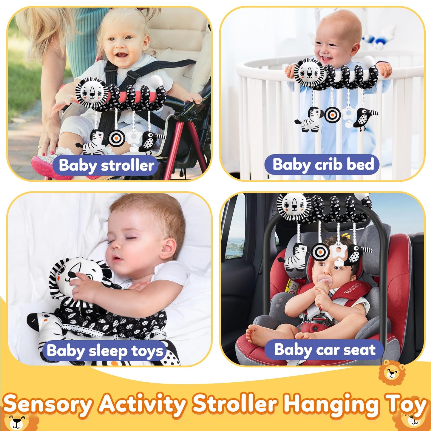 Baby Carseat Toy Black & White Rattle Spiral Hanging Activity Stroller Toy for Newborns Boys and Girls - Lion