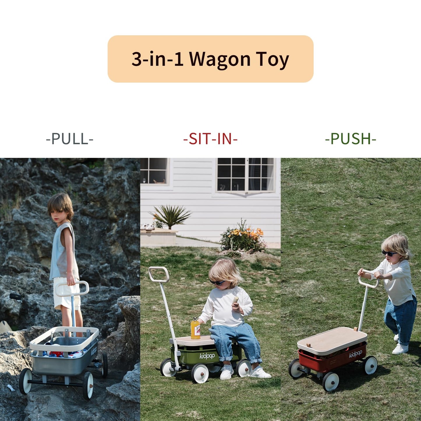 kidpop PULA-Wild 3-in-1 Kids Pull-Along Wagon Toddlers Push Walker for 2.5-8, Removable Wooden Cover and Adjustable Handlebar,
