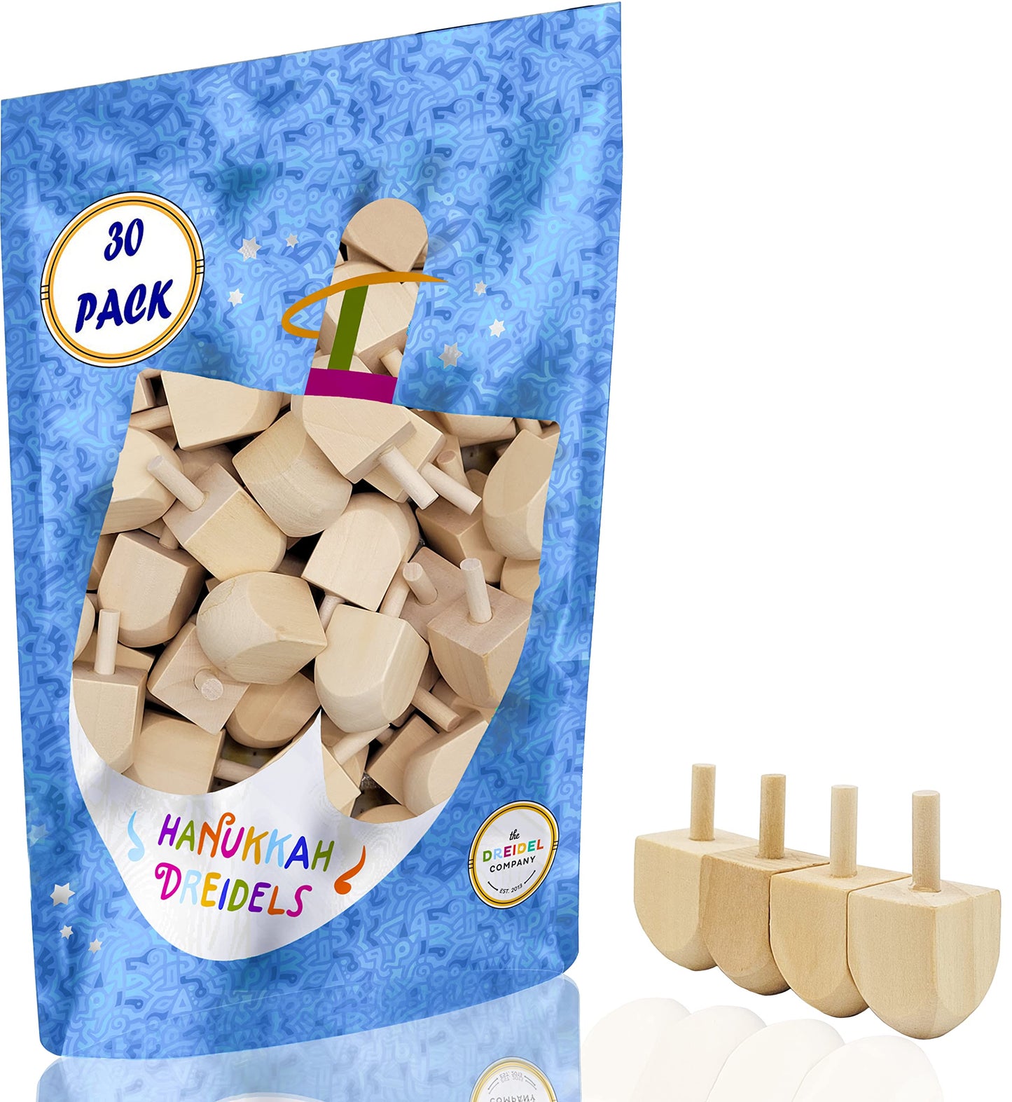 Hanukkah Wood Dreidels, Design Your Own Game, Diy 1.5' Inch Unfinished Natural Wooden Chanukkah Dreidels (30-Pack)