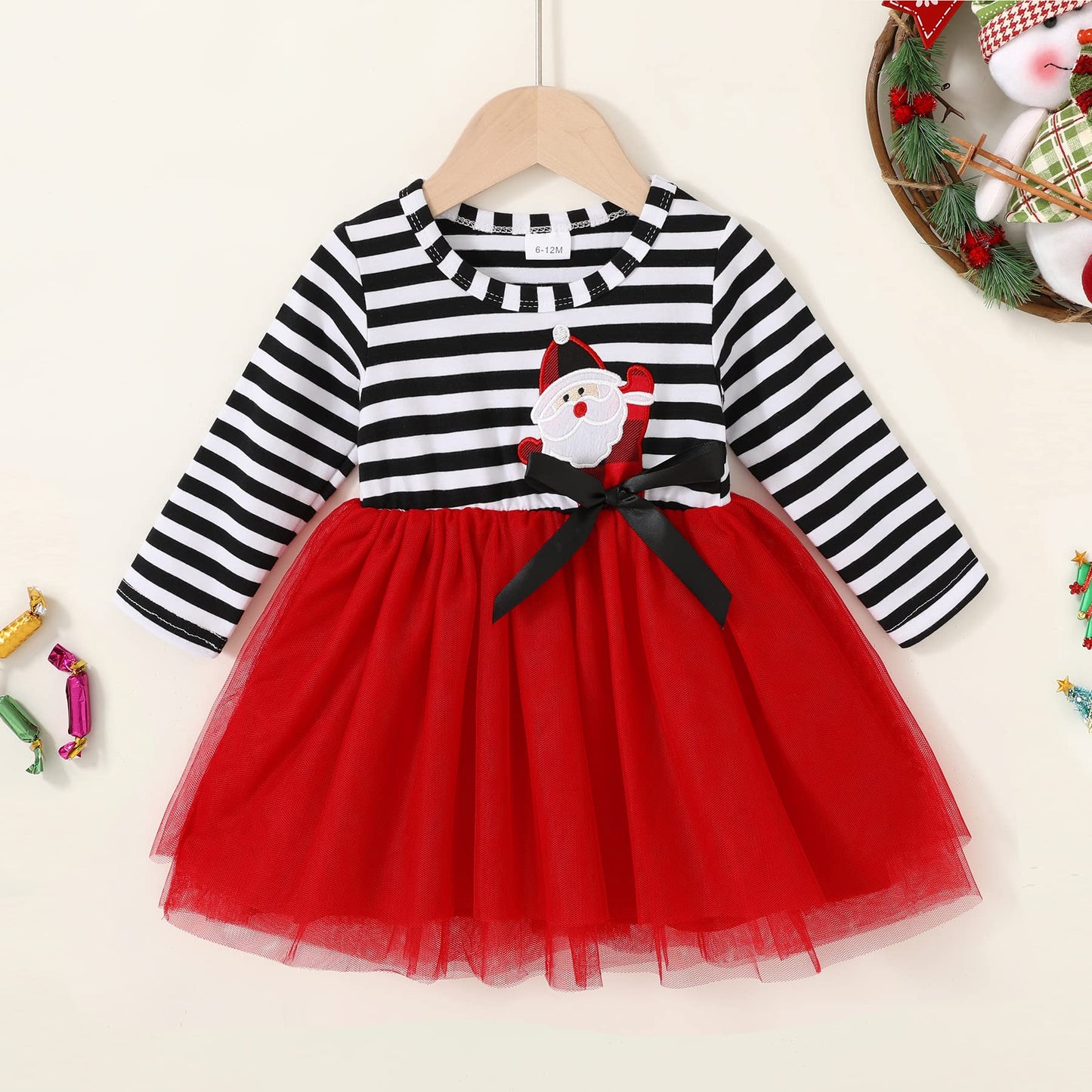 Mamami 2Pcs Toddler Baby Girl Christmas Dress Cotton Long Sleeve Santa Prints Christmas Princess Tutu Dress+Headband 6M-6T(4-5T,