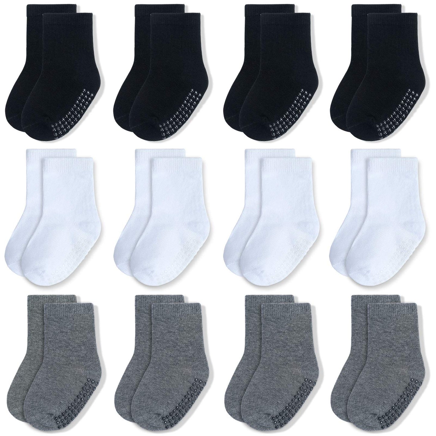 Jakidar 12 Pairs Baby Socks Cotton Crew Toddler Socks Grips Non Slip Bottom Kids Socks, Black Gray White 4-7T