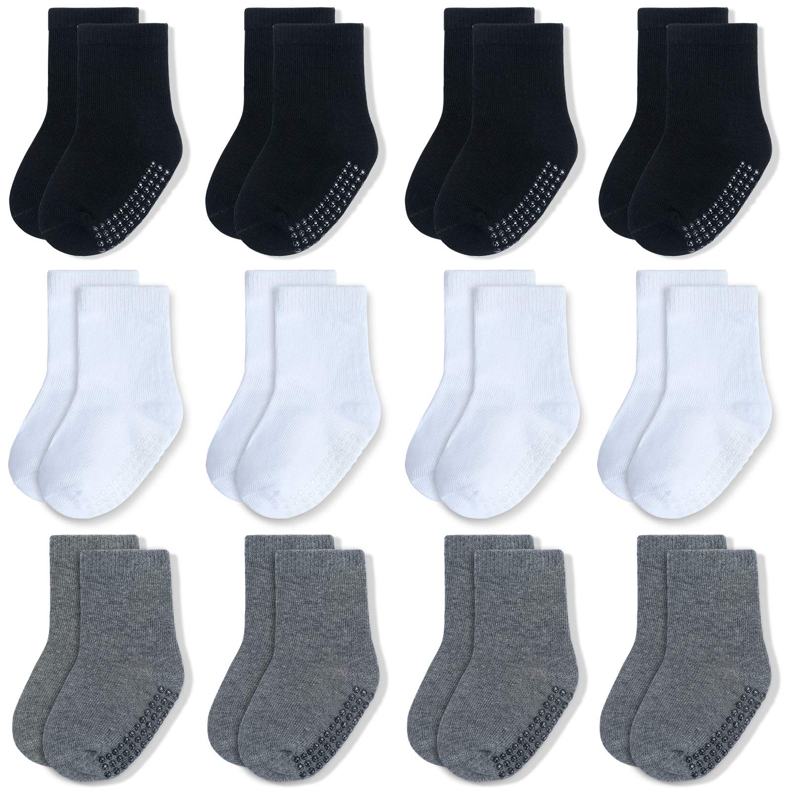 Jakidar 12 Pairs Baby Socks Cotton Crew Toddler Socks Grips Non Slip Bottom Kids Socks, Black Gray White 4-7T