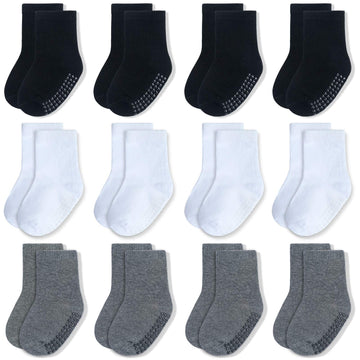 Jakidar 12 Pairs Baby Socks Cotton Crew Toddler Socks Grips Non Slip Bottom Kids Socks, Black Gray White 2-4T