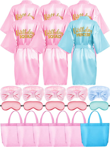 Sintuff 24 Pcs Kids Spa Party Supplies For Girls 6 Spa Party Robes 6 Tote Bags 6 Headbands 6 Eye Masks(Size 12,Sky Blue Birthday