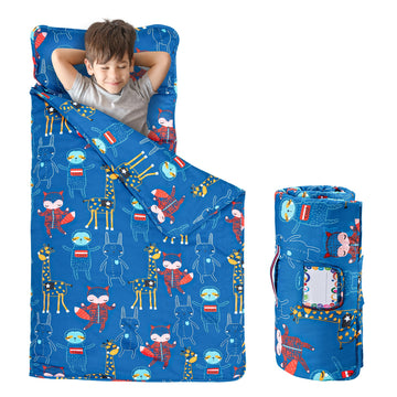 FAINSY Toddler Nap Mat with Pillow and Blanket, 100% Cotton Fabric, 56x20 inch Extra Long, Padded Sleeping mat, for Daycare Pres