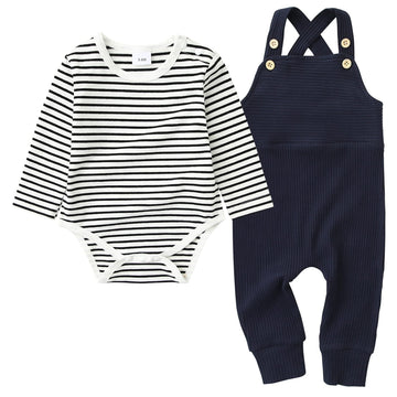 Yuemion Newborn Baby Boy Clothes,2Pcs Infant Boy Romper Bodysuit Fall Winter Stripe Outfits + Bib Overall Pants (6-12 Months)