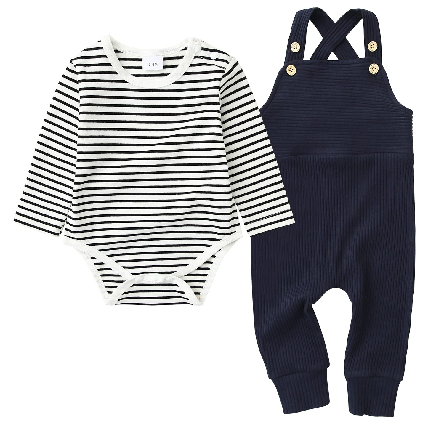 Yuemion Newborn Baby Boy Clothes,2Pcs Infant Boy Romper Bodysuit Spring/Summer Stripe Outfit +Bib Overall Pants(18-24 Month)