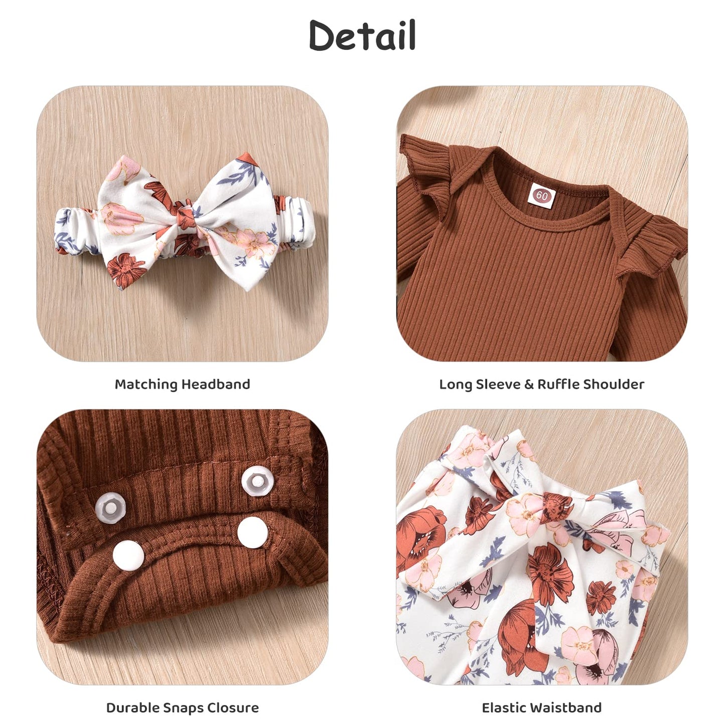 Aalizzwell Newborn Baby Girls Fall Clothes Ribbed Long Sleeve Floral Thanksgiving Outfits Nb Brown