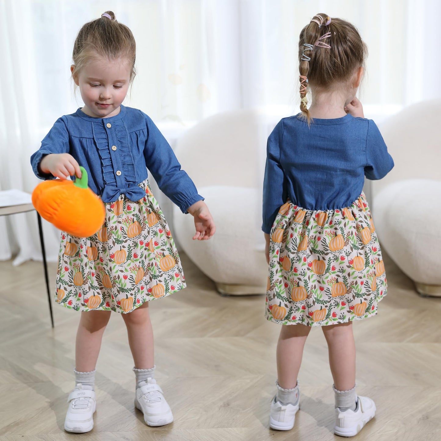 Infant Toddler Baby Girls Halloween Dress Ruffled Button Pumpkin Printed Bowknot Long Sleeve Denim Fall Skirt(Blue, 3-4T)