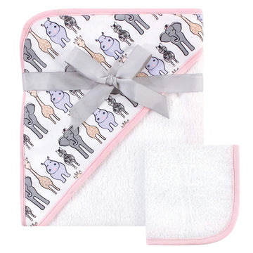 Hudson Baby Unisex Baby Cotton Hooded Towel And Washcloth, Pink Safari, One Size