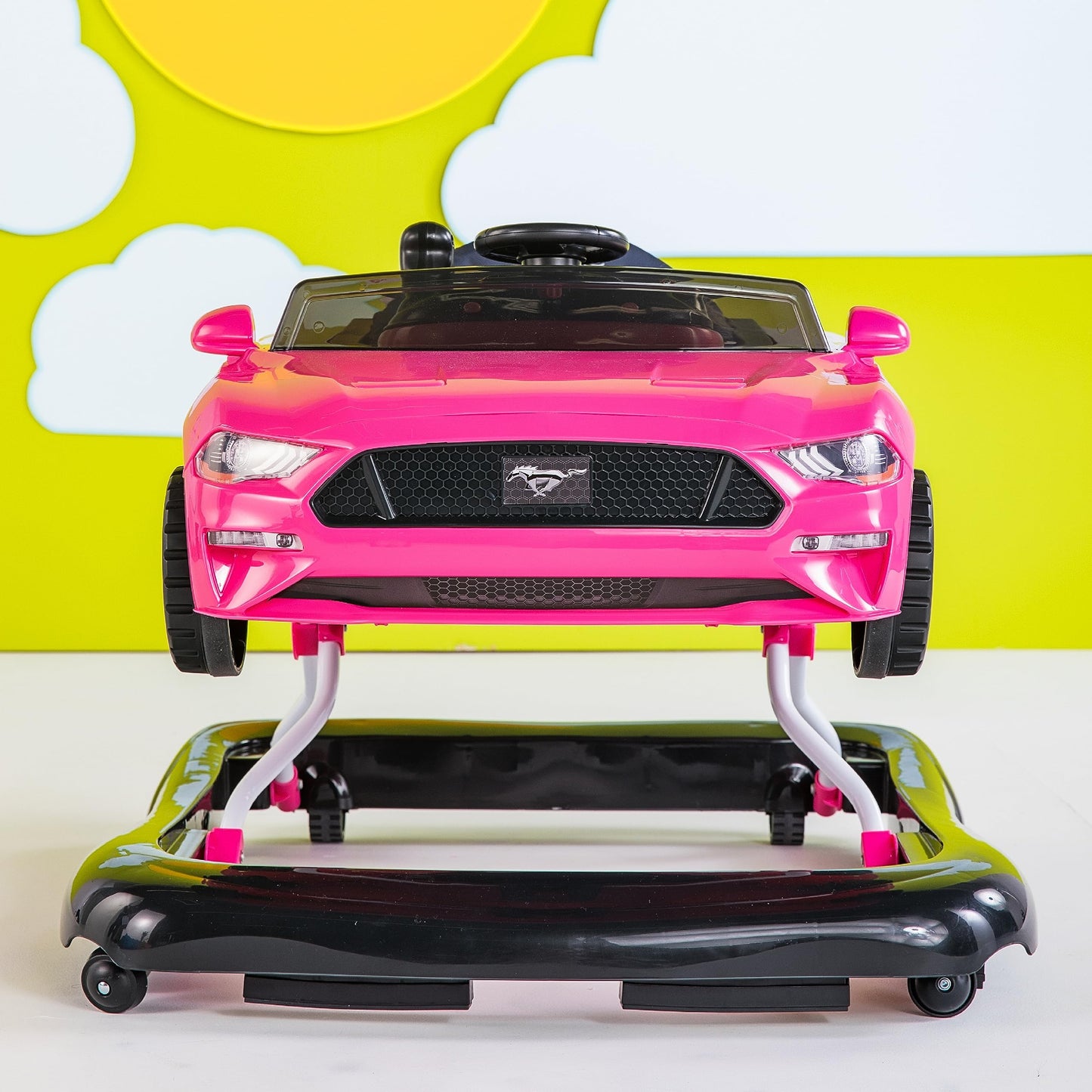 Bright Starts Ford Mustang 4-In-1 Pink Baby Activity Center & Push Walker With Removable Interactive Steering Wheel -Toy, 6 Mont