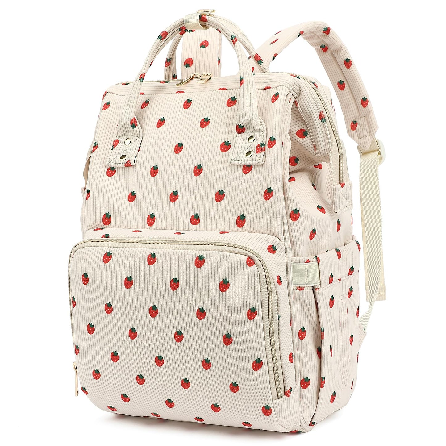Yusudan Corduroy Diaper Bag Backpack for Baby Girls Boys, Women Large Nappy Bags for Mom (Beige Corduroy Strawberry)