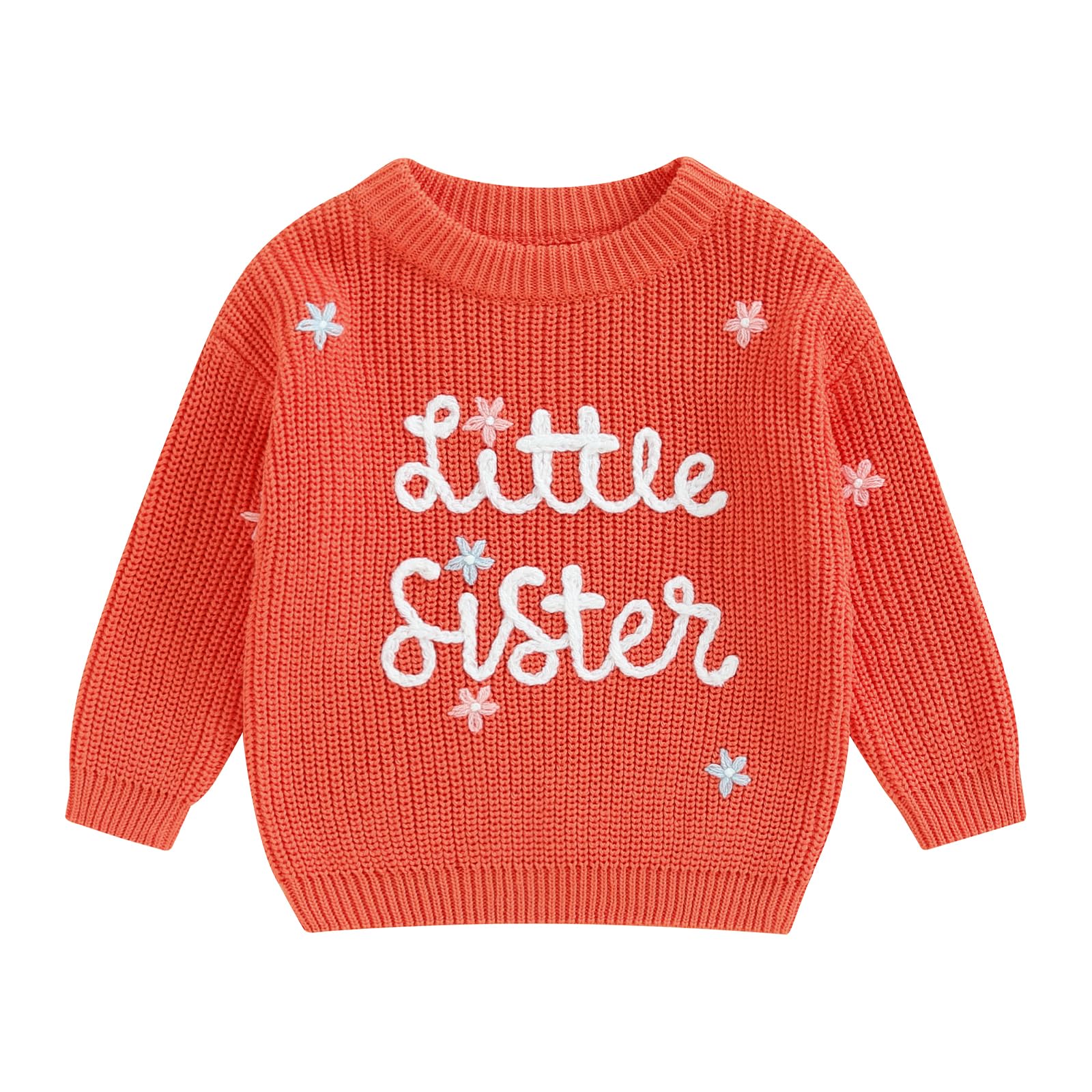 Amnnchya Toddler Infant Baby Girl Knit Sweater Big Sister Little Sister Matching Outfits Long Sleeve Pullover Sweatshirt (Orange