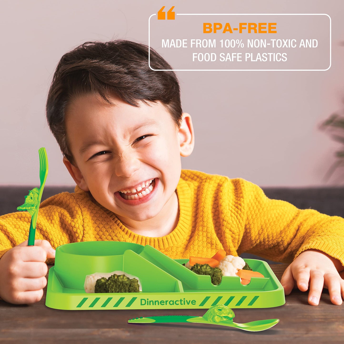 Dinneractive Dining Set For Kids - 3PC Green Dinosaur Dinnerware - Dinosaur Utensils - Toddler Plates - Baby Dishes