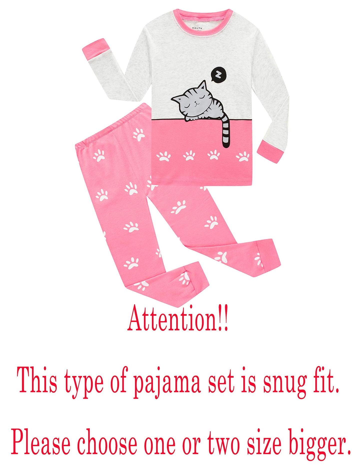 Little Girls Cat Long Sleeve Pajamasets 100% Cotton Pjs Size 7
