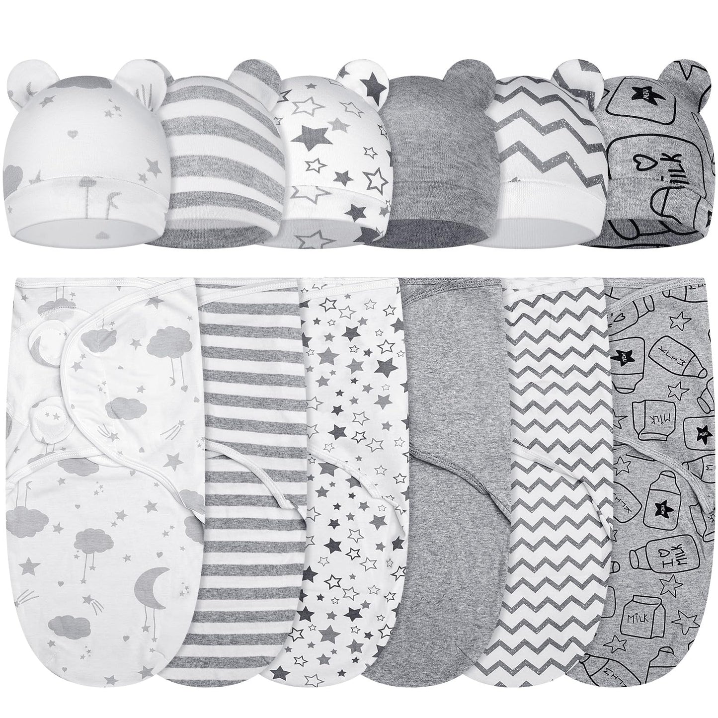 Ramede 6 Pack Swaddle Blanket with Hats for Baby Girl Boy 100% Cotton Swaddles 0-3 Months, Adjustable Breathable Skin Friendly R