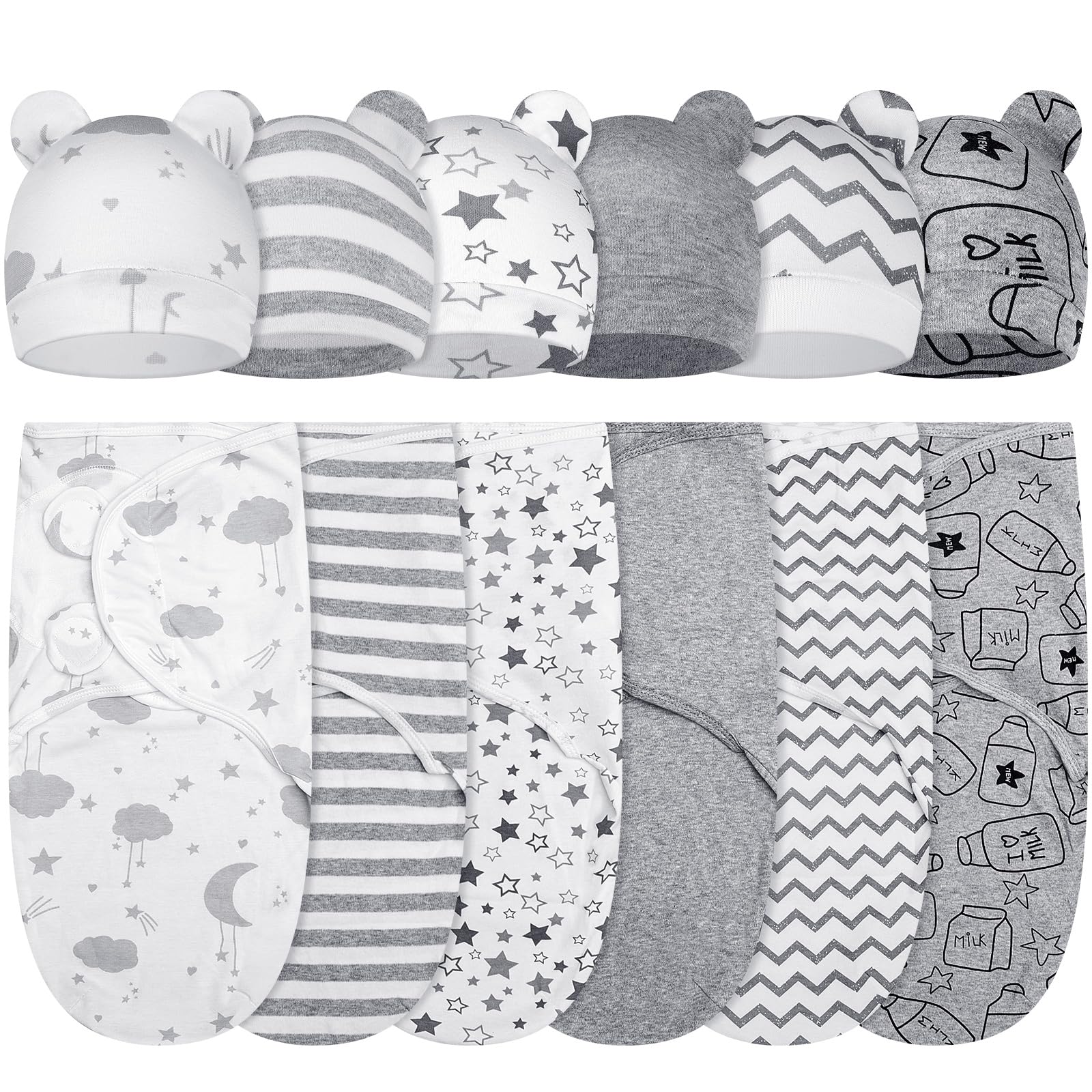 Ramede 6 Pack Swaddle Blanket with Hats for Baby Girl Boy 100% Cotton Swaddles 0-3 Months, Adjustable Breathable Skin Friendly R