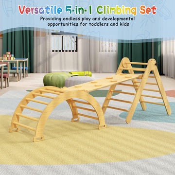 Cmfydaily Large Pikler Triangle Set, 5 In 1 Foldable Baby Climbing Gym Indoor Montessori Climbing Set Wooden Toddler Climbing To