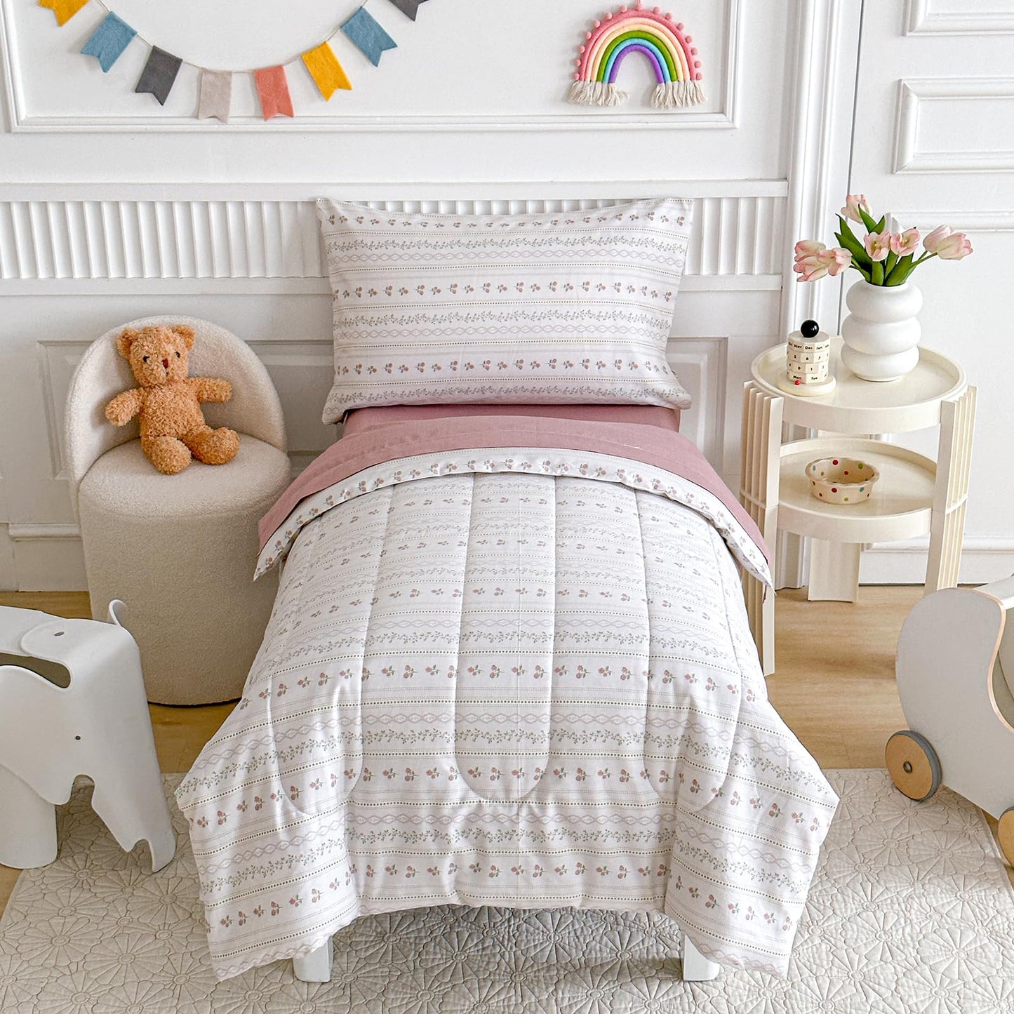 Joyreap 4 Piece Cotton Toddler Bedding Set For Girls, Flower Stripes Boho Design, Soft Breathable Cotton Toddler Comforter Set,