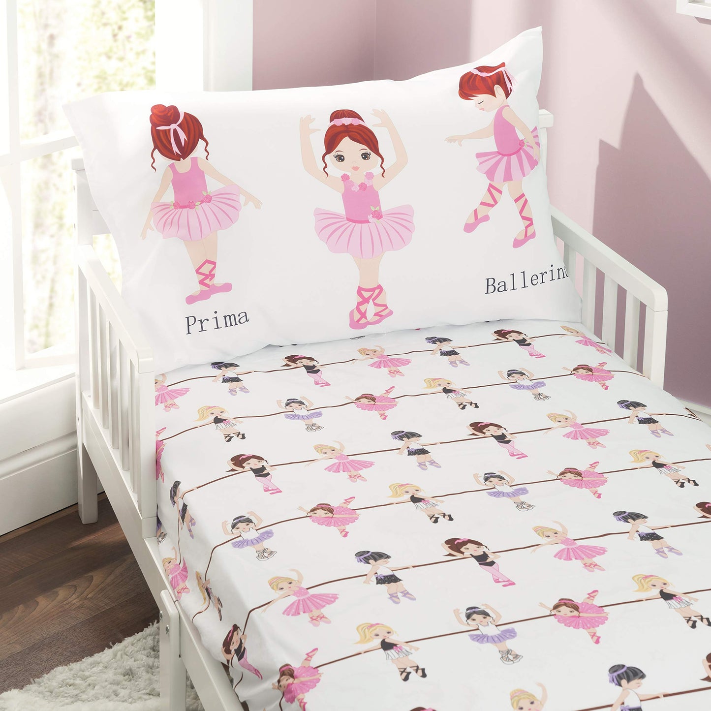 Everyday Kids 3-Piece Toddler Fitted Sheet, Flat Sheet And Pillowcase Set - Born To Dance Ballerina - Soft Breathable Microfiber