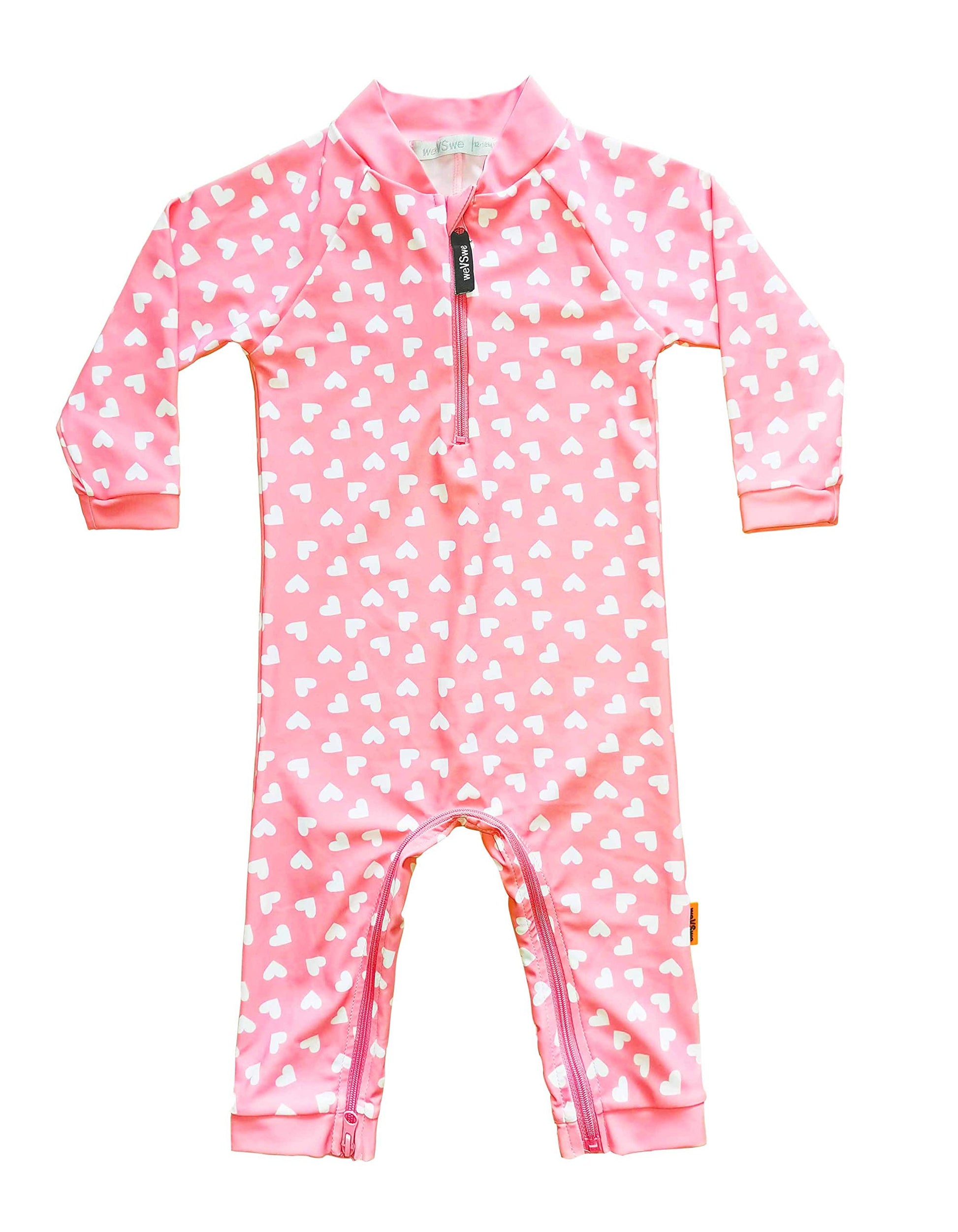 Wevswe Baby Toddler Sun Protection Rash Guard Pink Heart One Piece Girls Swimsuit Crotch Zipper For Easy Diaper Changes 18-24M