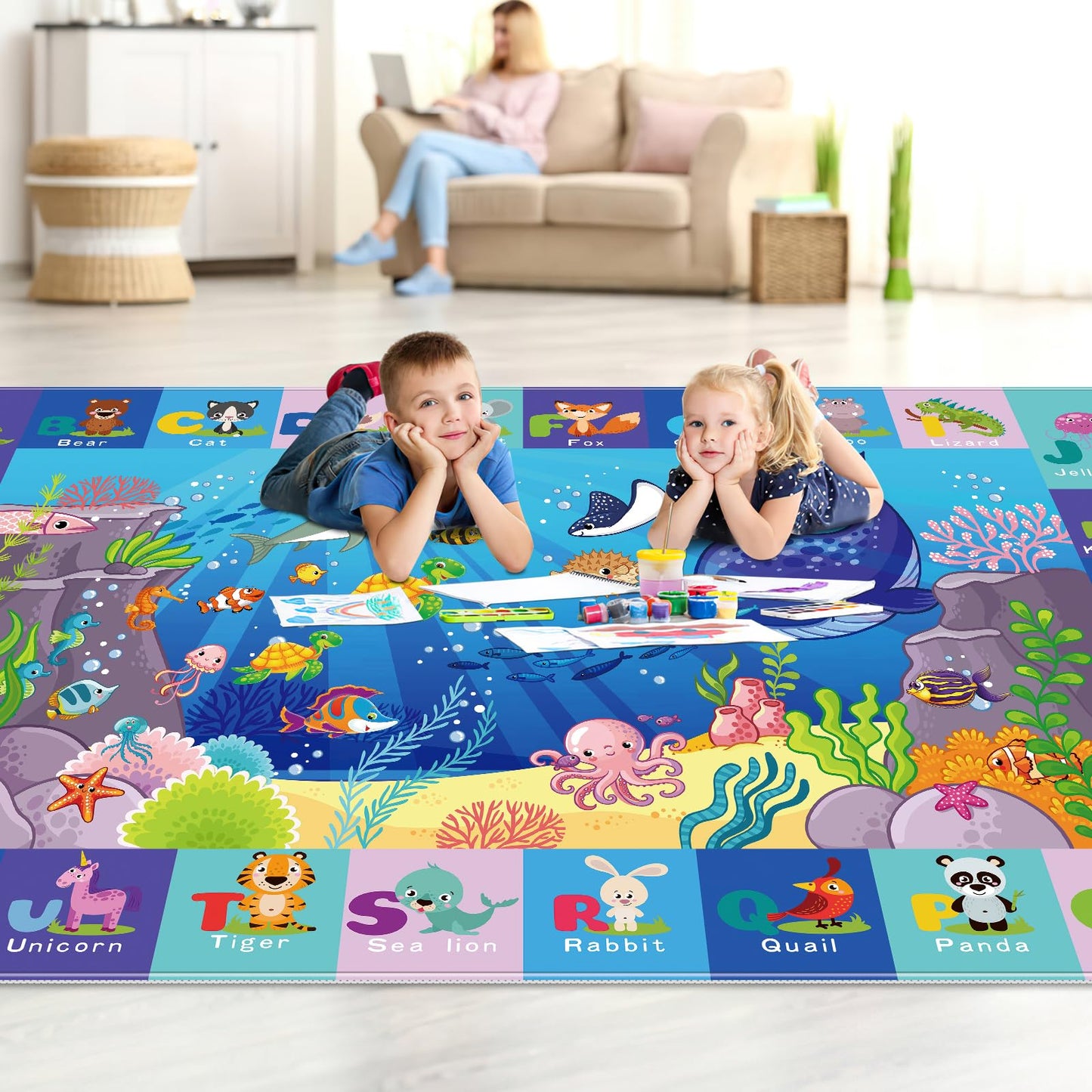 Ltkougfam Kids Play Rug, Animals Print Baby Mat For Floor, Kids Rug For Playroom, Abc Educational Rug, Non-Toxic Soft Baby Crawl