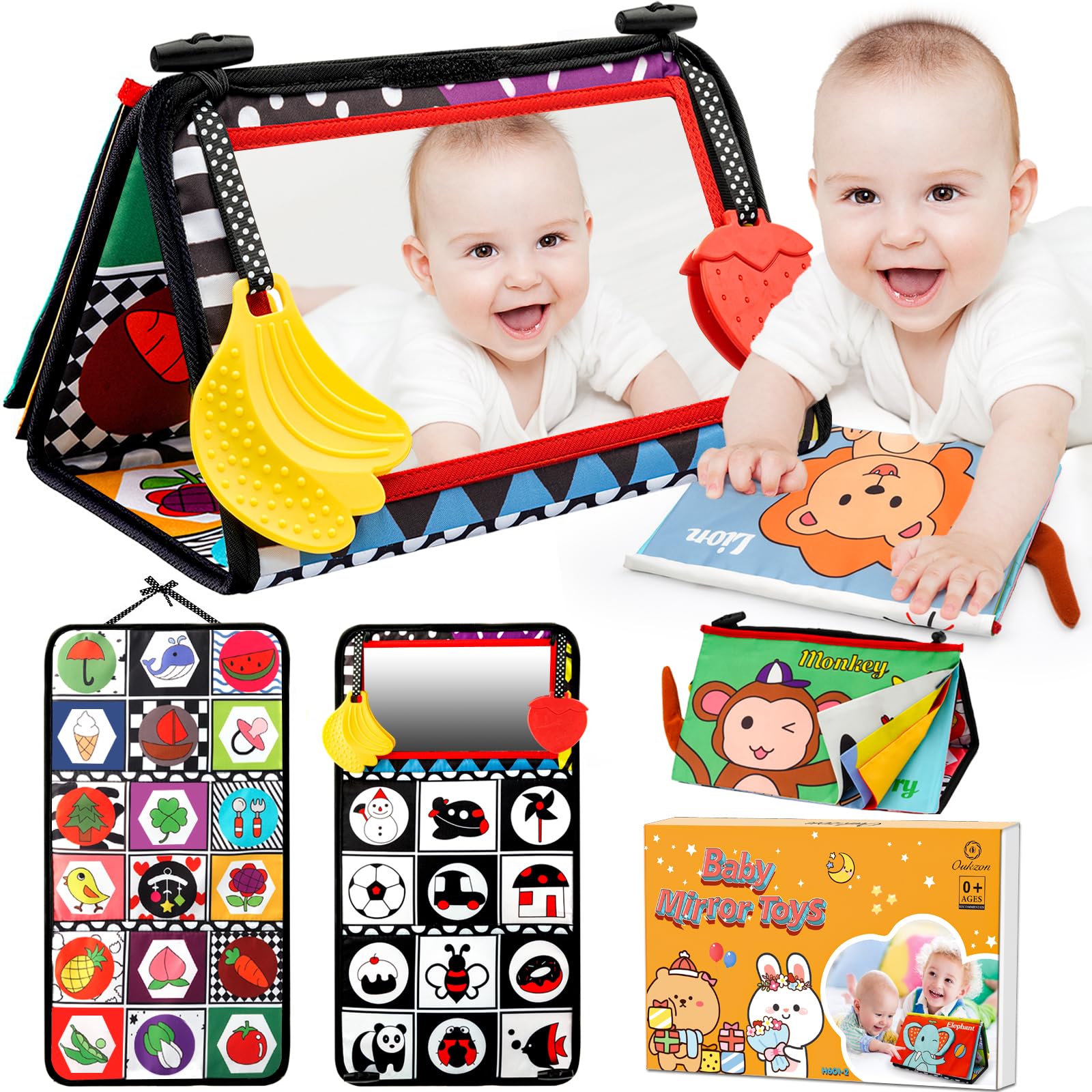 Oukzon Tummy Time Toys, Baby Toys 0-6 Months with Crinkle Book and Teethers, 6-12 Months Infant Mirror Toys High Contrast Baby G