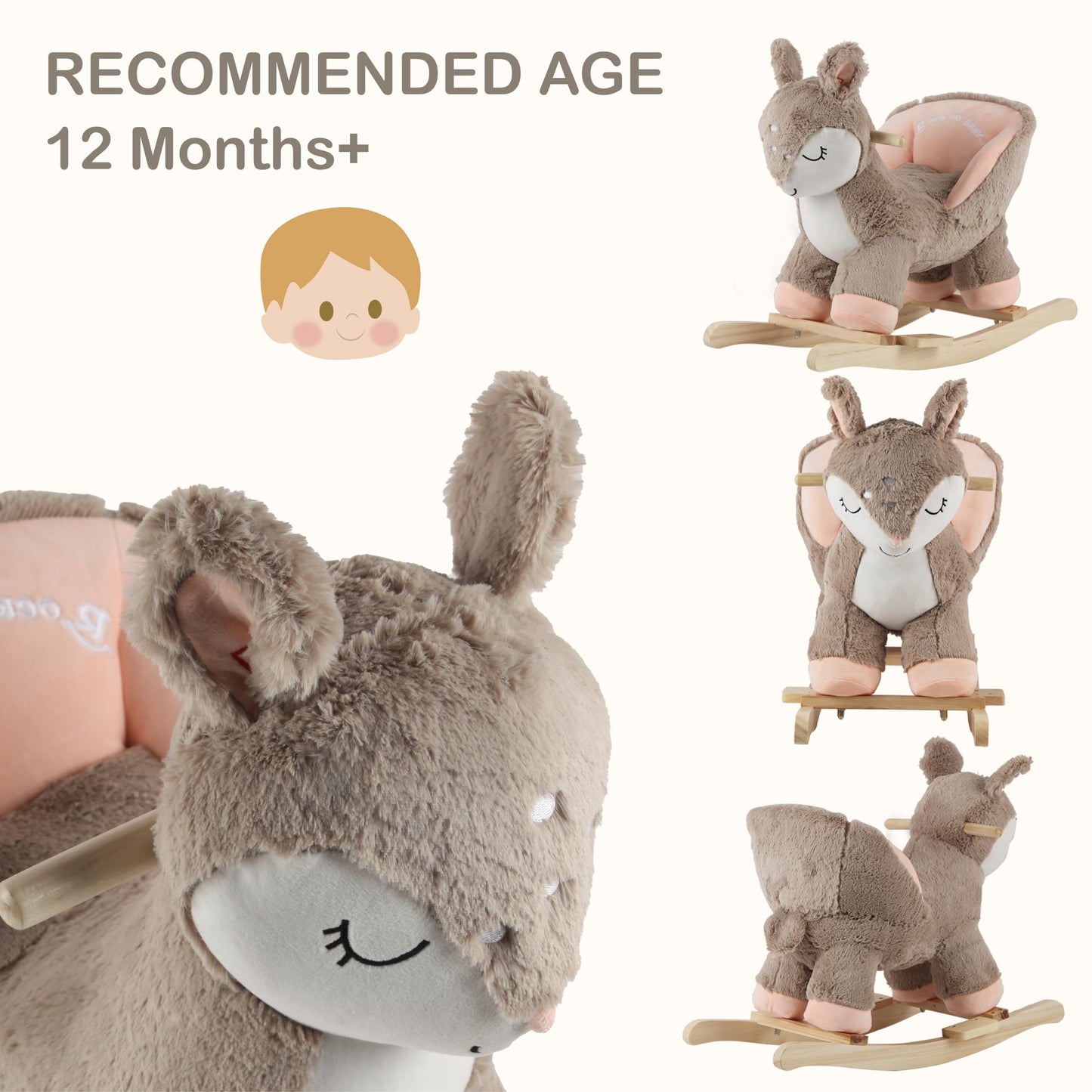 Rock My Baby Rocking Horse Deer with Chair, Plush Stuffed Animal Rocker, Baby Rocker with Sweet Music, Animal Ride on,Pink Deer,