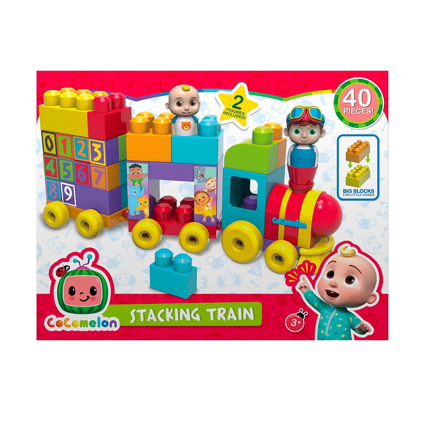 CoComelon Stacking Train, 40 Piece Large Building Block Set, 2 Figures, Colors, Numbers, Officially Licensed Kids Toys for Ages