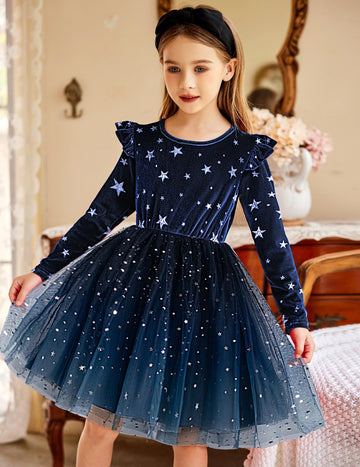 Arshiner Formal Dress For Girls Velvet Tulle Tutu Fall Long Sleeve Winter Princess Outfit Navy 3T