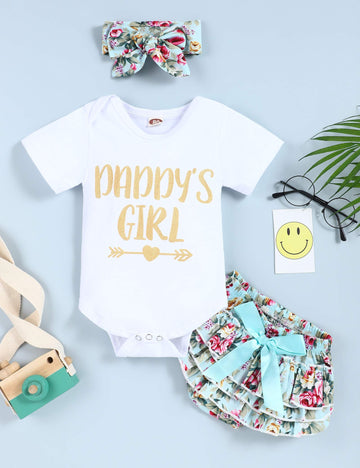 Kissb Newborn Baby Girl Clothes Outfits Little Girl Daddy'S Princess Romper Bodysuit Floral Shorts 3Pcs Infant Clothing Set (0-3