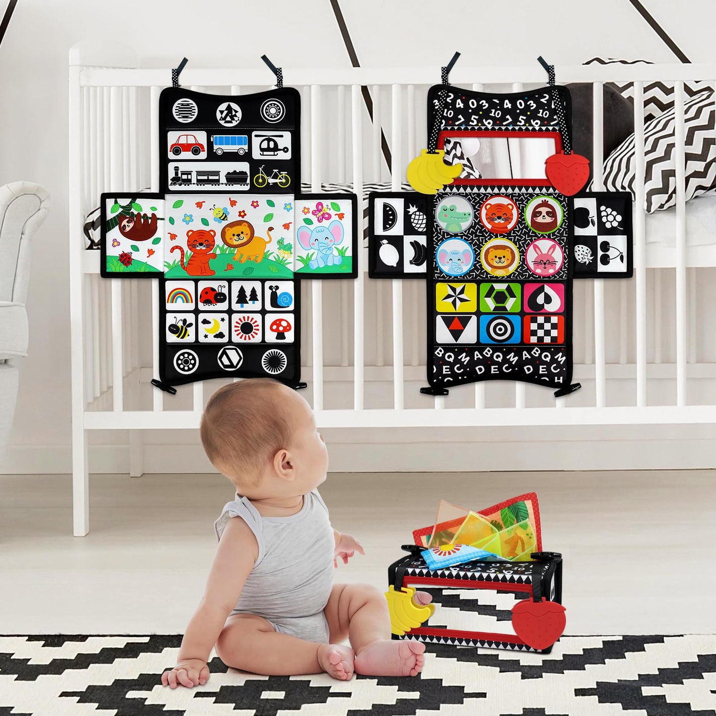 Dr.Rapeti Tummy Time Mirror Toy Tissue Box Toy 3in1 Baby Toy Black and White High Contrast Double-Sided Foldable Sensory Montess