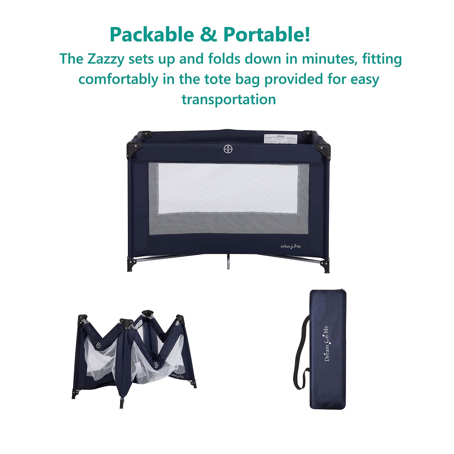 Dream On Me Zazzy Portable Playard with Bassinet in Navy, Packable and Easy Setup Baby Playard, Lightweight and Portable Playard