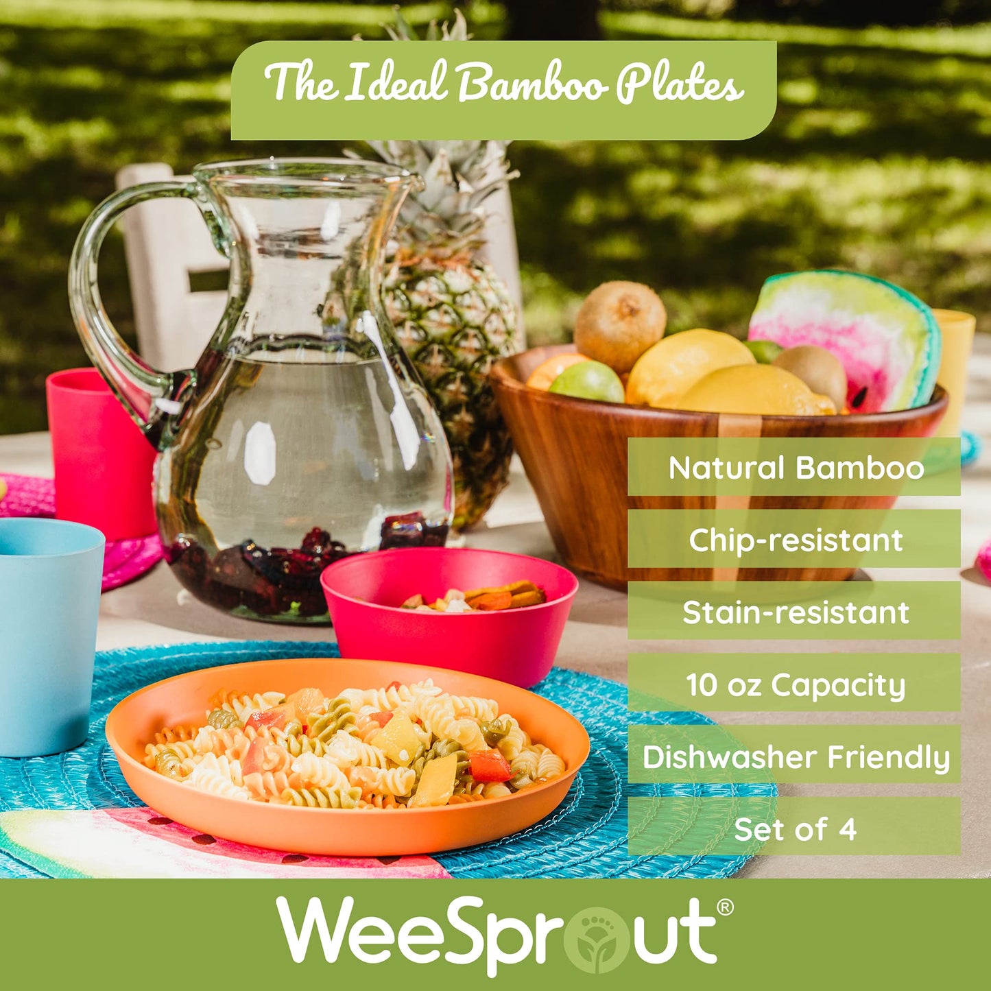 Weesprout Bamboo, Silicone, Melamine Dishware Plate With Lids, Set Of 4, Kid-Sized Design For Leftovers, Dishwasher Safe (Blue,