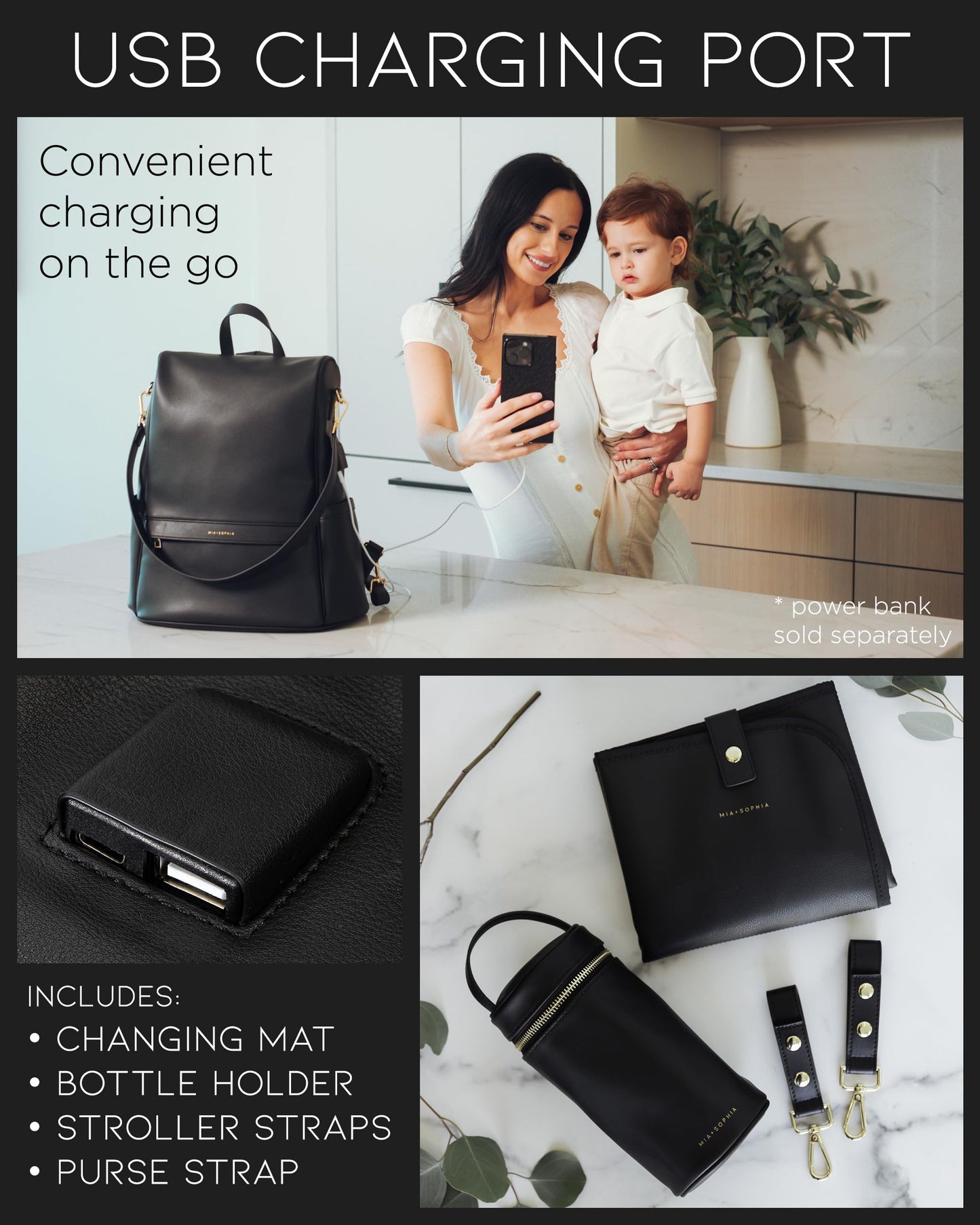 Mia + Sophia Leather Diaper Bag Backpack With Usb Charging Port, Changing Pad, Stroller Straps, And Bottle Holder (Black Mia)