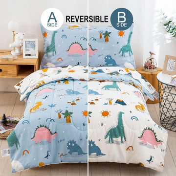 Djy 4 Pieces Cotton Toddler Bedding Set, Dinosaur Toddler Bed Comforter Set For Boys Girls, Includes Blue White Reversible Comfo